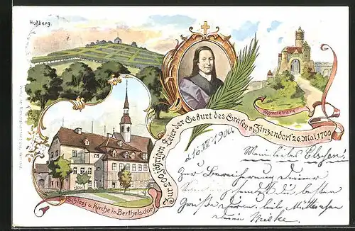 Künstler-AK Berthelsdorf, Zur 20 jährigen Feier der Geburt des Grafen v. Zinzendorf 1700, Schloss und Kirche, Hutberg