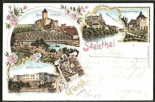 Lithographie Giebichenstein, Burg Giebichenstein, Ruine Moritzburg im Saalethal, Dom von der Saaleseite