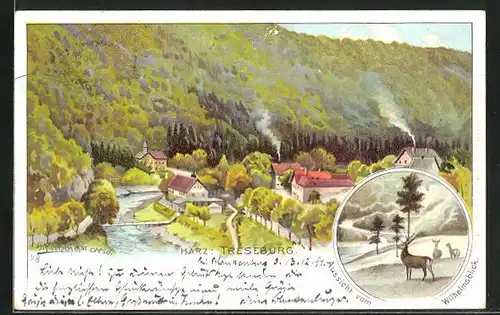 Lithographie Treseburg, Ortspartie, Aussicht vom Wilhelmsblick und Hirsch