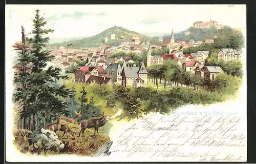 Lithographie Blankenburg i / Harz, Teilansicht und Hirsch mit Rehen