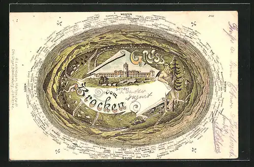 Lithographie Brocken, Gebäudeansicht und Rundpanorama mit Bromberg, Wartburg und Braunschweig