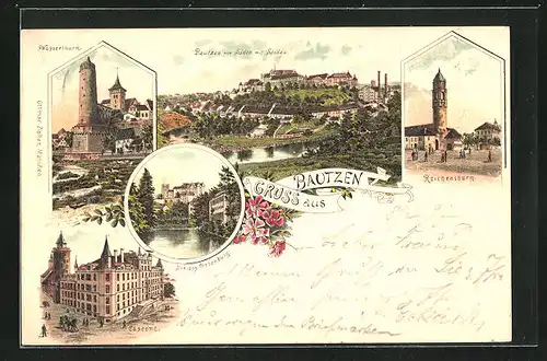 Lithographie Bautzen, Schloss Ortenburg, Kaserne, Reichenturm