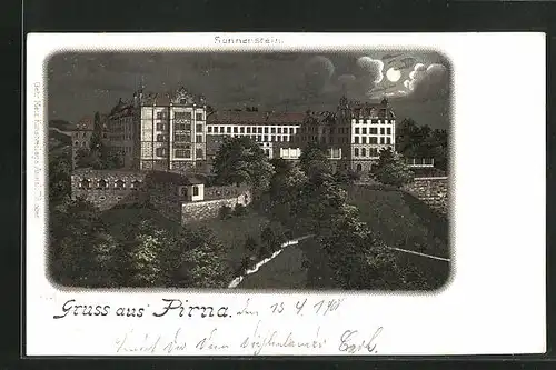 Lithographie Pirna, Sonnenstein bei Mondschein