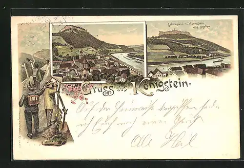 Lithographie Königstein, Teilansicht, Lilienstein v. Ort aus gesehen