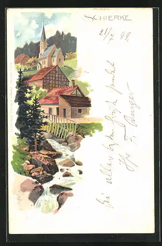 Lithographie Schierke, Bachpartie mit Fachwerkhaus und Kirche