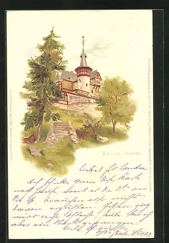 Lithographie Schierke, Blick hoch zum Burghotel