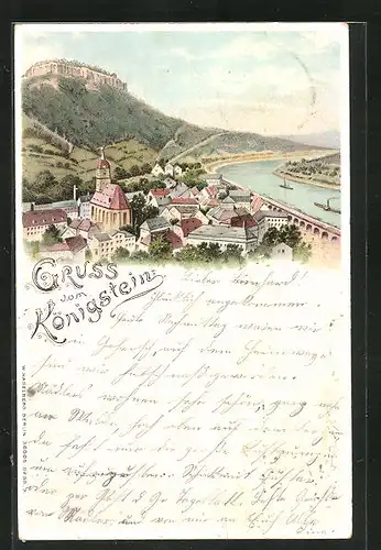 Lithographie Königstein, Ortspartie mit Königstein