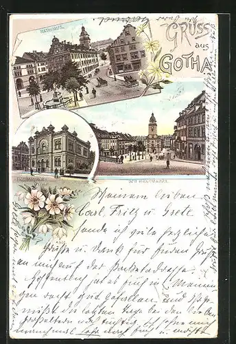 Lithographie Gotha, Hauptmarkt, Freimaurer-Loge, Rathaus