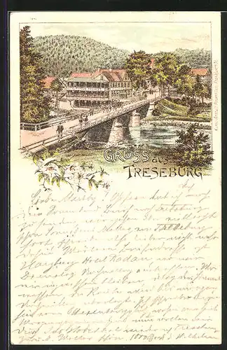 Lithographie Treseburg, Flusspartie mit Hotel Forelle v. R. Palmié