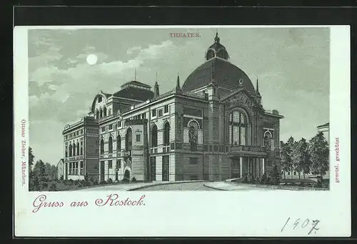 Mondschein-Lithographie Rostock, Gesamtansicht des Theaters