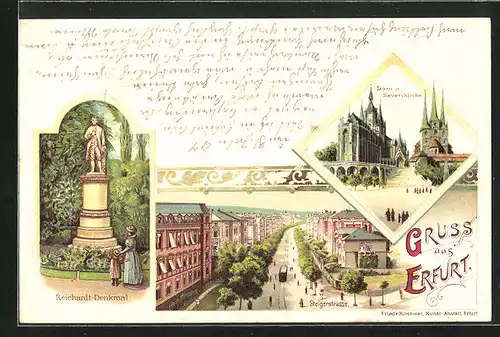 Lithographie Erfurt, Steigerstrasse, Dom u. Severinkirche, Reichardt-Denkmal