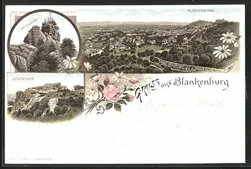 Lithographie Blankenburg, Ortsansicht aus der Vogelschau, Grossvater, Regenstein