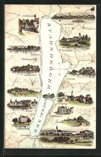 Lithographie Tutzing /Starnberger See, Kartenansicht vom See und den Städten der Umgebung