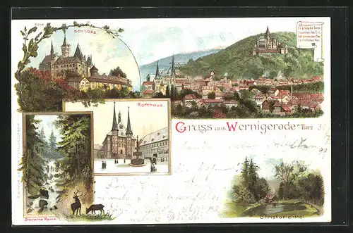 Lithographie Wernigerode, Schloss, Rathaus, Ortspartie mit Schloss