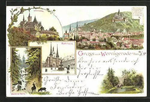 Lithographie Wernigerode, Schloss, Rathaus, Steinerne Renne