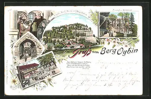 Lithographie Oybin, Kirche, Dorf, Ruine und Berg