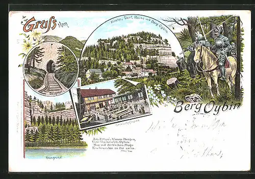 Lithographie Oybin, Kirche, Dorf, Ruine und Berg, Ritter