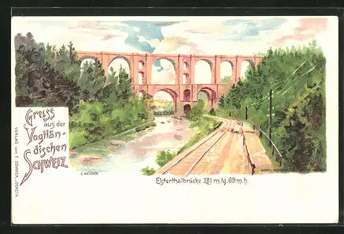 Lithographie Jössnitz, Gleise gegen Elsterthalbrücke