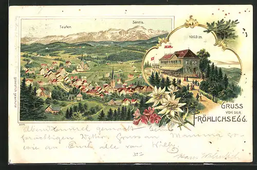 Lithographie Teufen, Gasthaus auf der Fröhlichsegg, Panorama mit Säntis
