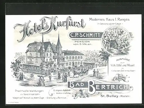 Vertreterkarte Bad Bertrich, Hotel Kurfürst von C. P. Schmitt, Hotel Ansicht, Käsegrotte