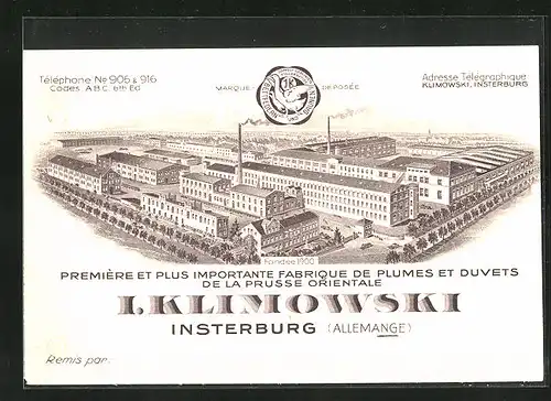 Vertreterkarte Insterburg, Fabrique de Plumes et Duvets de la Prusee Orientale, I. Klimowski
