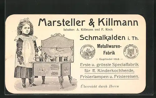 Vertreterkarte Schmalkalden i. Th., Marsteller & Killmann, Specialfabrik für ff. Kinderhochherde, Frisierlampen