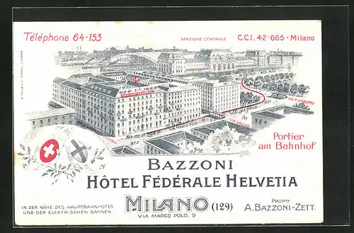 Vertreterkarte Milano, Bazzoni Hotel Federale Helvetia, Portier am Bahnhof, Gesamtansicht des Hotels