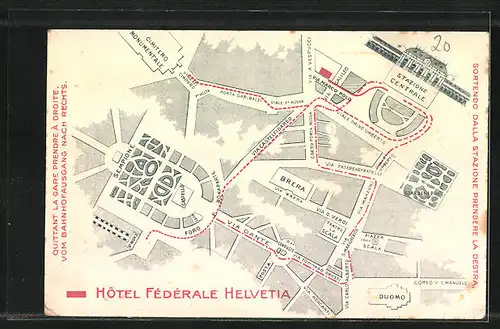 Vertreterkarte Milano, Bazzoni Hotel Federale Helvetia, Portier am Bahnhof, Gesamtansicht des Hotels