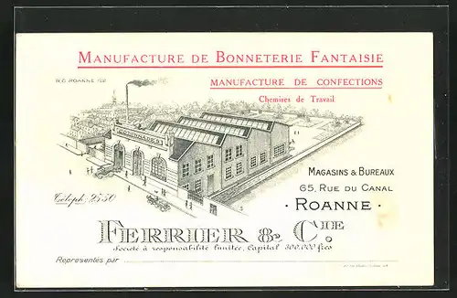 Vertreterkarte Roanne, Manufacture de Bonneterie Fantaisie, Ferrier & Cie., Fabrikansicht