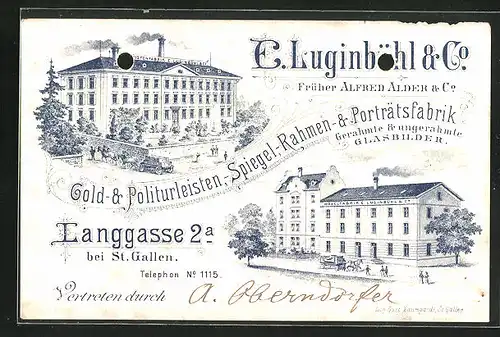 Vertreterkarte St. Gallen, Fabrik für Gold & Politurleisten, Spiegel-Rahmen von E. Luginbühl & Co., Fabrikansicht
