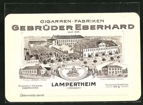 Vertreterkarte Lampertheim, Cigarren-Fabriken Gebrüder Eberhard, Fabrikansicht und Filialen