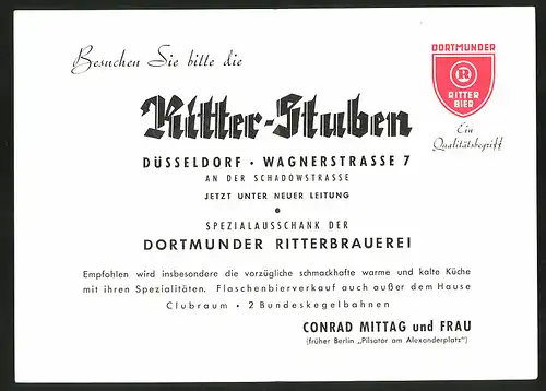 Vertreterkarte Düsseldorf, Dortmunder Ritter Bier, Ritter Stuben Düsseldorf