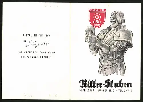 Vertreterkarte Düsseldorf, Dortmunder Ritter Bier, Ritter Stuben Düsseldorf