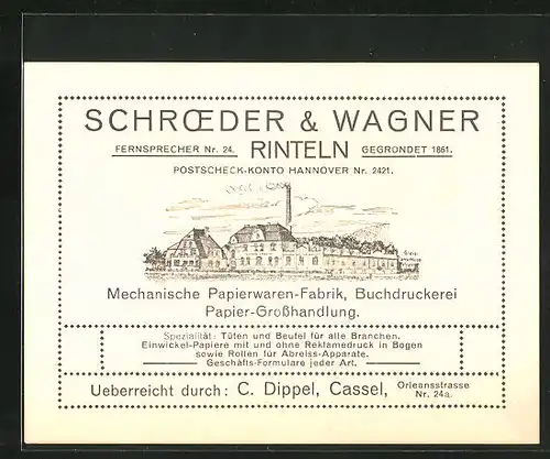 Vertreterkarte Rinteln, Mechanische Papierwaren-Fabrik, Buchdruckerei, Schroeder & Wagner, Farbikansicht