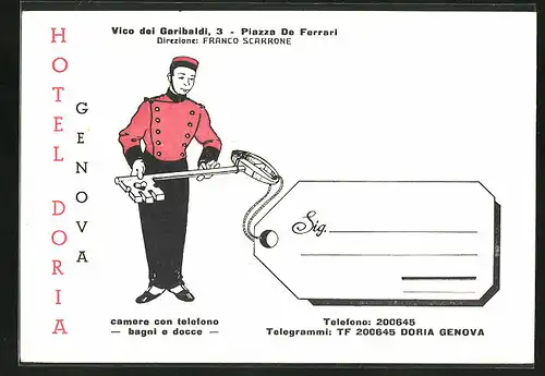 Vertreterkarte Genova, Hotel Doria, Page mit riesigem Schlüssel, Rückseite Anfahrtsplan