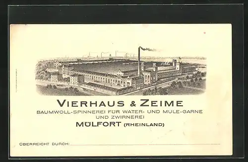 Vertreterkarte Mülfort, Baumwoll-Spinnerei Vierhaus & Zeime, Werksansicht