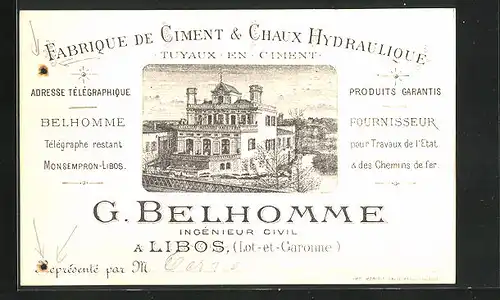 Vertreterkarte Libos, Fabrique de Ciment & Chaux Hyrdraulique G. Belhomme