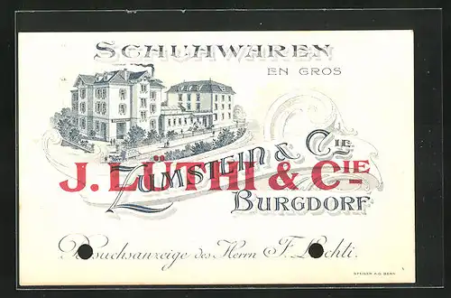 Vertreterkarte Burgdorf, Schuhwaren en Gros, Zumstein & Cie., Geschäftshaus