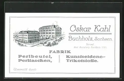 Vertreterkarte Buchholz / Sachsen, Fabrik Perlbeutel, Perltasche, Kunstseidene Trikotstoffe Oskar Kahl, Fabrikansicht