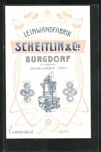 Vertreterkarte Burgdorf, Leinwandfabrik Scheitlin & Cie., Webmaschine