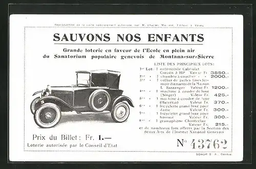 Vertreterkarte Genf, Sauvons nos Enfants, Grande loterie, Prix du Billet, Auto