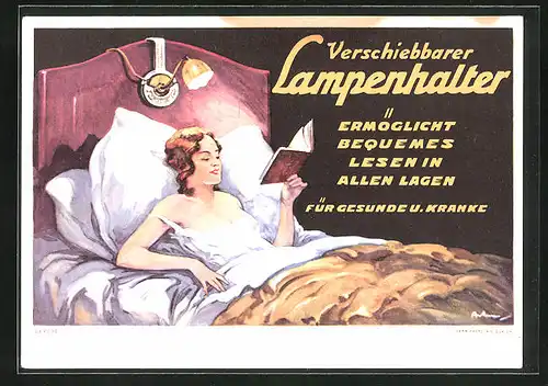 Vertreterkarte Zürich, verschiebbare Lampenhalter für alle Lebenlagen, Frau mit Nachthemd im Bett liest ein Buch
