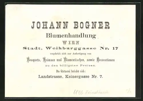 Vertreterkarte Wien, Blumenhandlung Johann Bogner