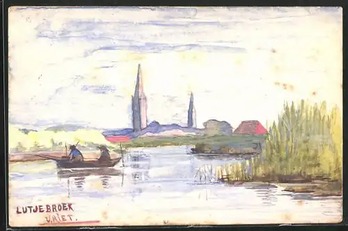 Künstler-AK Handgemalt: Lutjebroek, Blick vom Wasser auf den Ort, Angler im Boot