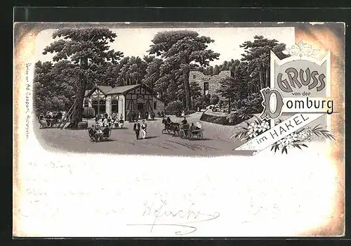 Lithographie Domburg / Hakel, Kutsche vor dem Gasthaus