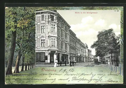 AK Duisburg, Blick in die Königstrasse mit Geschäften und Strassenbahn