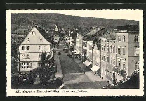 AK Bleicherode a. Harz, Strasse mit Geschäften und Rathaus