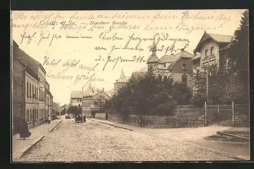 AK Colditz i. Sa., Dresdner Strasse mit Villa Carola