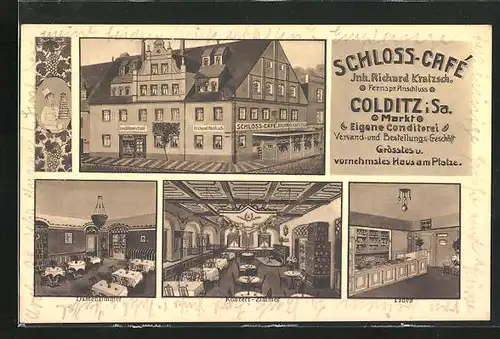 Künstler-AK Colditz i. Sa., Schloss-Café, Innenansichten Damenzimmer & Konzert-Zimmer