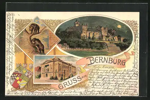 Lithographie Bernburg, Theater, Schloss, Bärenzwinger, Wappen